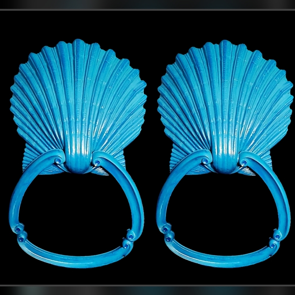 Vtg 70s homco aegean blue  turquoise clam seashell retro towel holder set bundle
